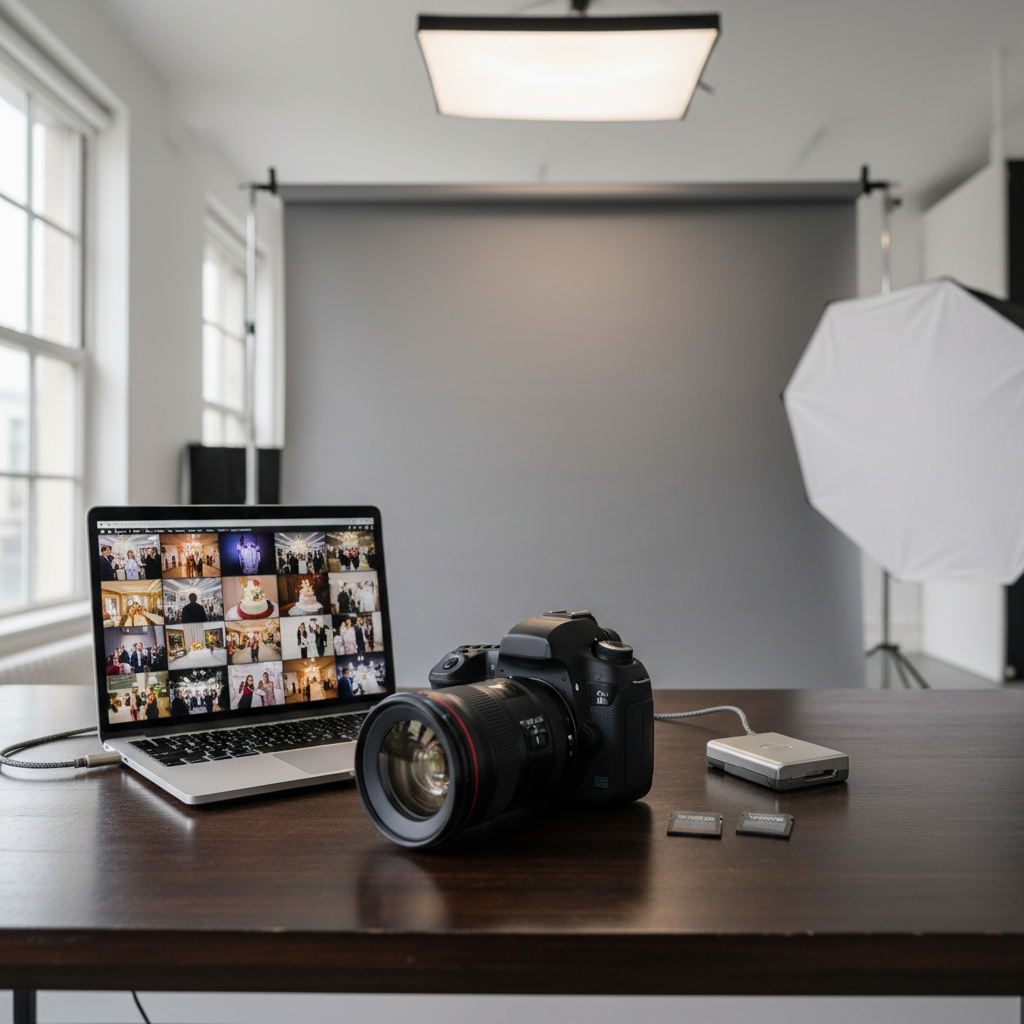 A professional event photographer’s workstation arranged on a sleek dark wooden table in a Paris loft studio, captured in photographic realism. A high-end DSLR with a fast zoom lens rests beside dual memory cards, a polished metal card reader, and a slim silver laptop displaying a grid of colorful event thumbnails. Behind, a blurred backdrop of neutral gray seamless paper and a folded softbox hints at studio preparation. Soft window light from the left combines with a subtle overhead LED panel, creating clean, even illumination with gentle reflections on metal surfaces. Shot at eye level with a shallow depth of field, the camera and laptop are in crisp focus while the background falls into smooth bokeh, conveying a calm, meticulous, highly professional atmosphere.
