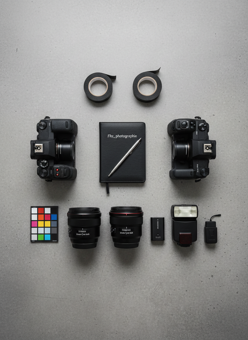 A meticulously organized event photography gear flat lay arranged on a neutral concrete surface, captured in high-resolution photographic realism. Two professional camera bodies, three fast prime lenses, a flash unit with diffuser, wireless triggers, color calibration card, spare batteries, and neatly rolled black gaffer tape are aligned with geometric precision. A small black notebook embossed “Fhz_photographie” sits centrally, with a fine-tip silver pen resting diagonally across it. Soft overhead diffused lighting from a large softbox eliminates harsh shadows, creating a clean, editorial look. The mood is controlled and methodical, highlighting reliability and preparedness for weddings, corporate events, and soirées. Shot straight down in a perfectly symmetrical top-down composition, every object is crisply defined, conveying a sense of mastery and professional discipline.