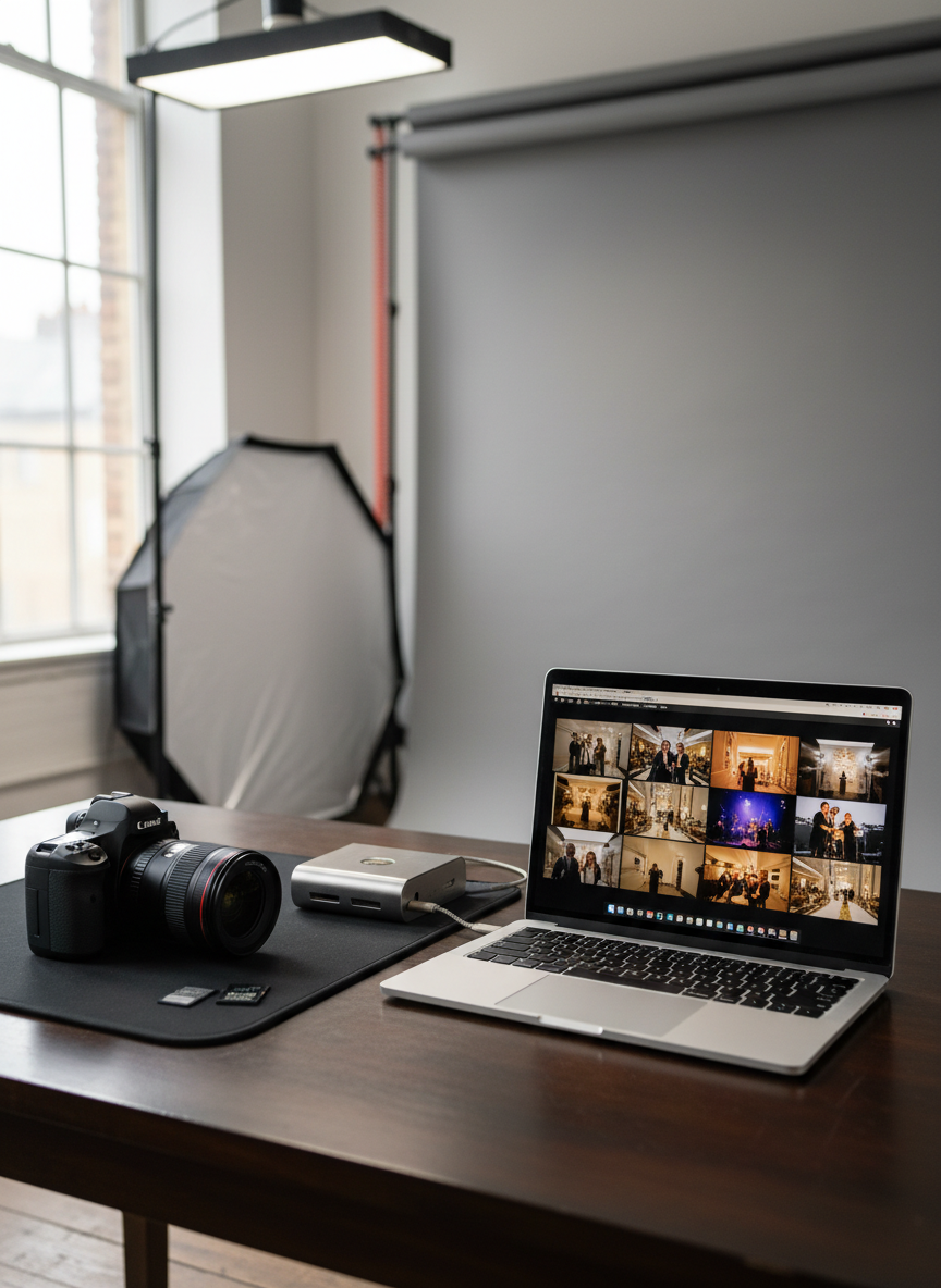 A professional event photographer’s workstation arranged on a sleek dark wooden table in a Paris loft studio, captured in photographic realism. A high-end DSLR with a fast zoom lens rests beside dual memory cards, a polished metal card reader, and a slim silver laptop displaying a grid of colorful event thumbnails. Behind, a blurred backdrop of neutral gray seamless paper and a folded softbox hints at studio preparation. Soft window light from the left combines with a subtle overhead LED panel, creating clean, even illumination with gentle reflections on metal surfaces. Shot at eye level with a shallow depth of field, the camera and laptop are in crisp focus while the background falls into smooth bokeh, conveying a calm, meticulous, highly professional atmosphere.
