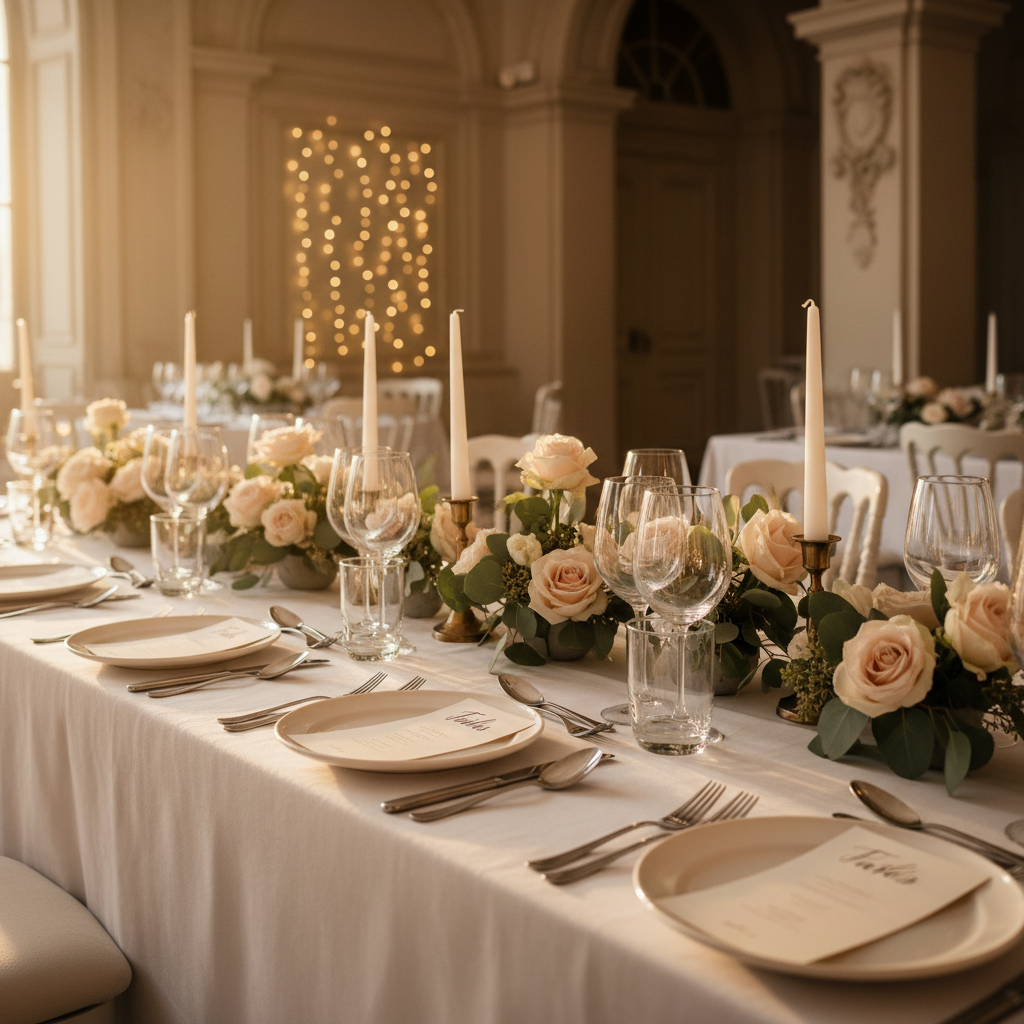 An elegant wedding reception table set in a refined Parisian venue, photographed without guests in a highly realistic style. A long white linen-covered table is adorned with crystal glasses, polished silver cutlery, and simple ivory plates, each place marked by a handwritten card reading “Table Paris.” Tall, slim candles in brushed gold holders line the center beside a compact bouquet of pale roses and eucalyptus. Warm, indirect golden hour light enters from unseen windows, catching subtle highlights on glass stems and metallic details. The background fades into a tasteful blur of fairy lights and architectural molding. Captured from a slightly elevated angle using the rule of thirds, the image feels romantic, timeless, and perfectly composed for event photography branding.
