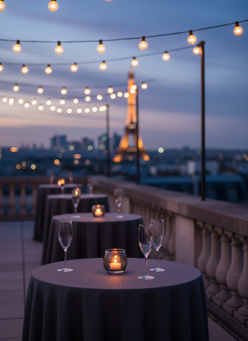 An intimate Paris rooftop soirée setting, captured at blue hour in detailed photographic realism, with no guests present. A series of small round cocktail tables draped in charcoal linens line the terrace edge, each topped with a single votive candle in a smoked-glass holder and a pair of empty champagne flutes. String lights stretch overhead, forming soft glowing orbs that transform into creamy bokeh in the distance. The blurred silhouette of the Paris skyline, including a hint of the Eiffel Tower, anchors the background. The ambient light mixes the last cool natural evening tones with warm tungsten from the bulbs, creating a cozy, exclusive mood. Framed from waist height with a shallow depth of field, the nearest table is in sharp focus, suggesting a perfectly staged event awaiting coverage.