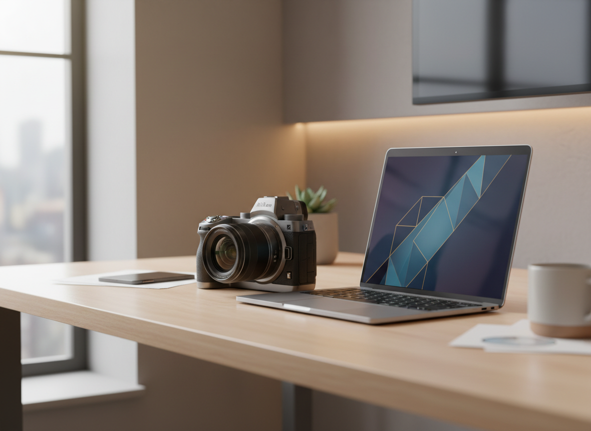 Une image horizontale esthétique et professionnelle montrant un appareil photo hybride moderne posé à côté d’un ordinateur portable fin sur un bureau de créatif, lumière douce, style premium, sans aucun logo ni marque visibles, inspiré par un Nikon Z6 II et un MacBook mais totalement générique.