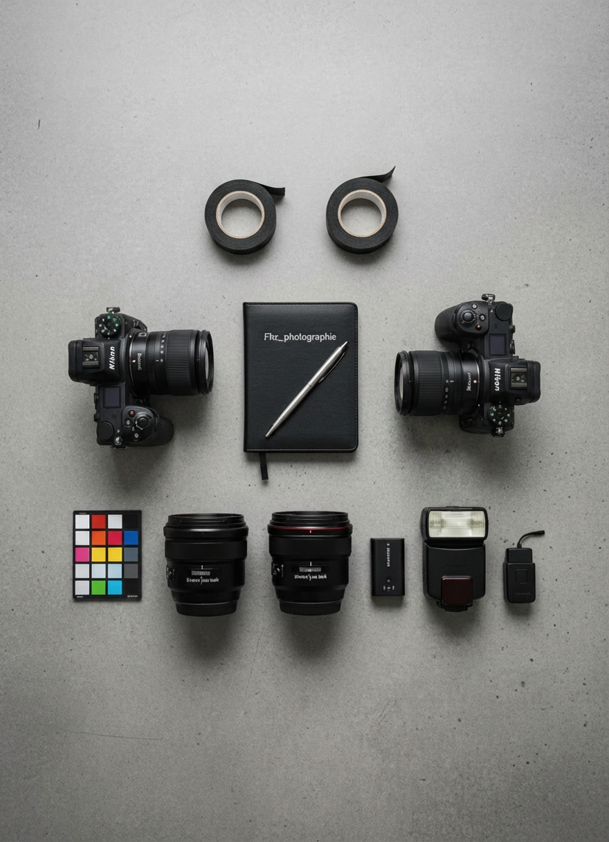A meticulously organized event photography gear flat lay arranged on a neutral concrete surface, captured in high-resolution photographic realism. Two professional camera bodies, three fast prime lenses, a flash unit with diffuser, wireless triggers, color calibration card, spare batteries, and neatly rolled black gaffer tape are aligned with geometric precision. A small black notebook embossed “Fhz_photographie” sits centrally, with a fine-tip silver pen resting diagonally across it. Soft overhead diffused lighting from a large softbox eliminates harsh shadows, creating a clean, editorial look. The mood is controlled and methodical, highlighting reliability and preparedness for weddings, corporate events, and soirées. Shot straight down in a perfectly symmetrical top-down composition, every object is crisply defined, conveying a sense of mastery and professional discipline.