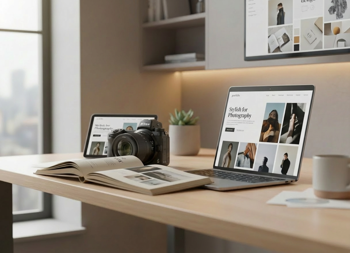Laptop on a desk displaying a professional photography portfolio alongside a camera and book.